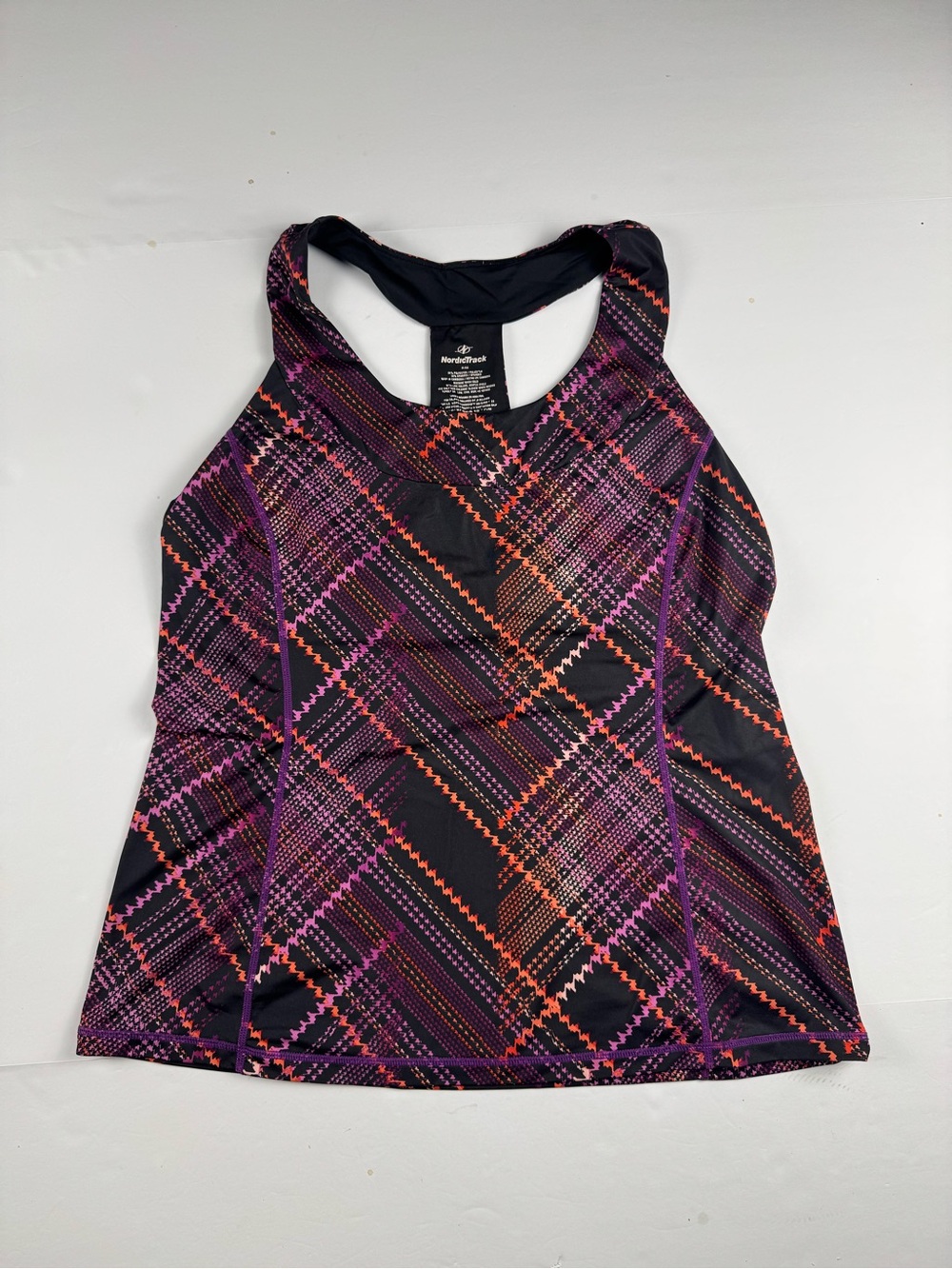 NordicTrack Purple & Orange Plaid Racerback Tank with built in bra